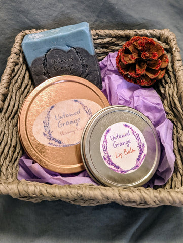 Gift Baskets for Him with Lip Balm and Shaving Soap in a Rose Gold Tin